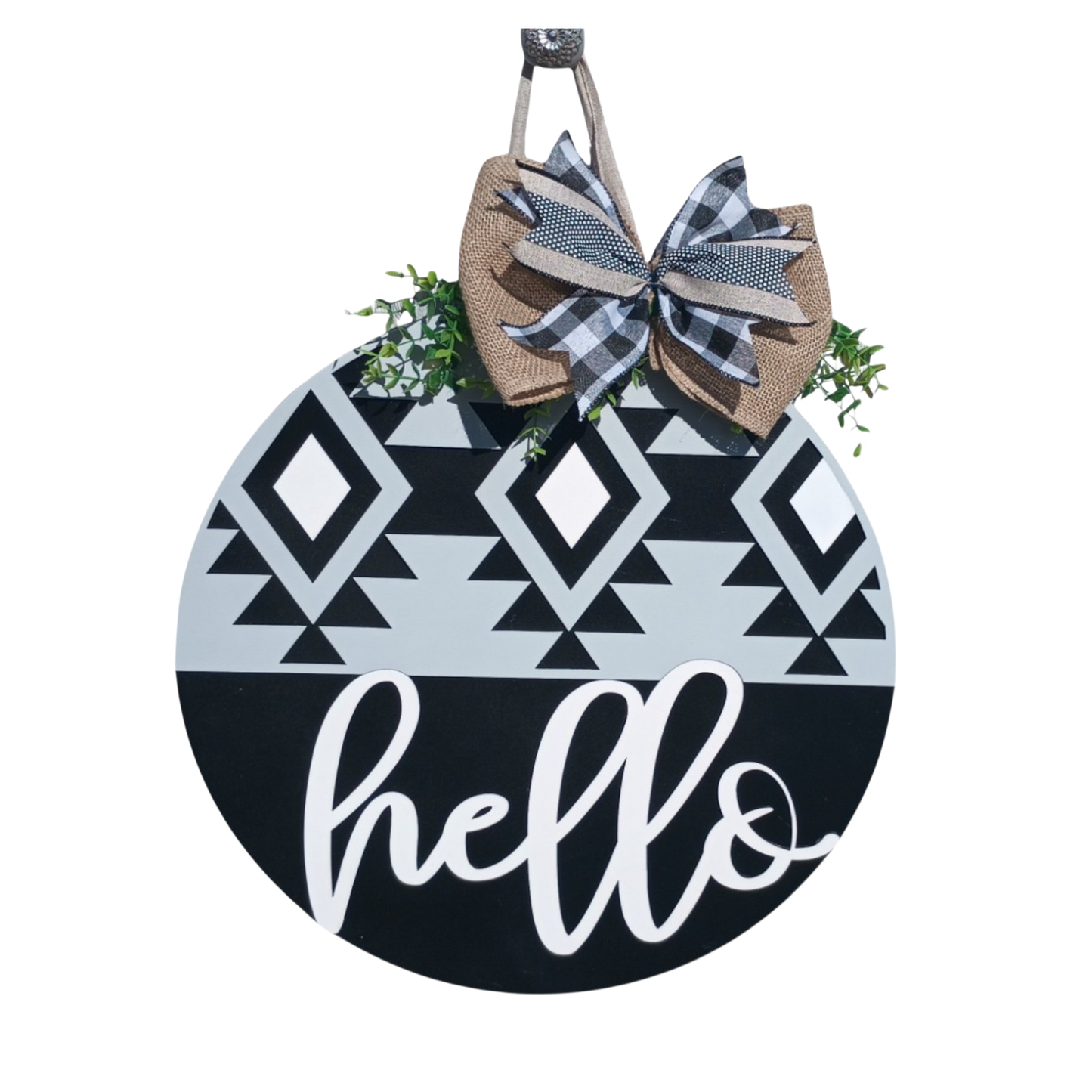 Hello Wooden Door Hanger - 18" Round Hand Painted Door Sign for Home Decor
