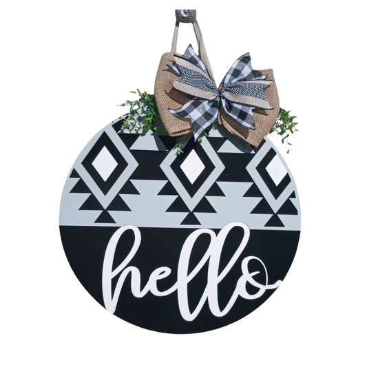 Hello Wooden Door Hanger - 18" Round Hand Painted Door Sign for Home Decor