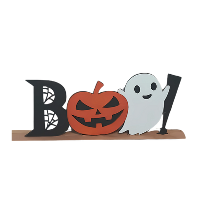 BOO Halloween Shelf Sitter Sign | Ghost & Pumpkin Centerpiece | Spooky Halloween Sign - Lasernique
