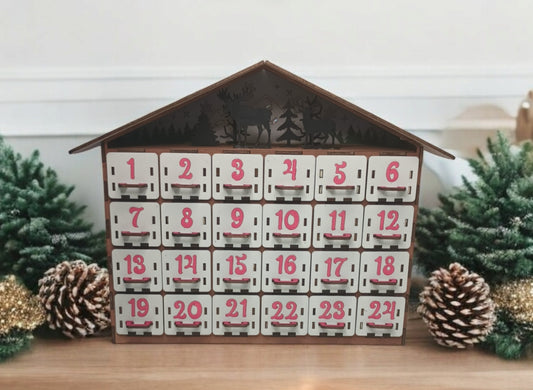 Wooden Christmas Advent Calendar with 24 fillable drawers, featuring festive house design and numbered compartments for countdown.