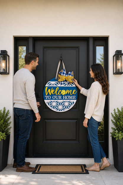 blue and white geometric welcome door hanger with ribbon bow
