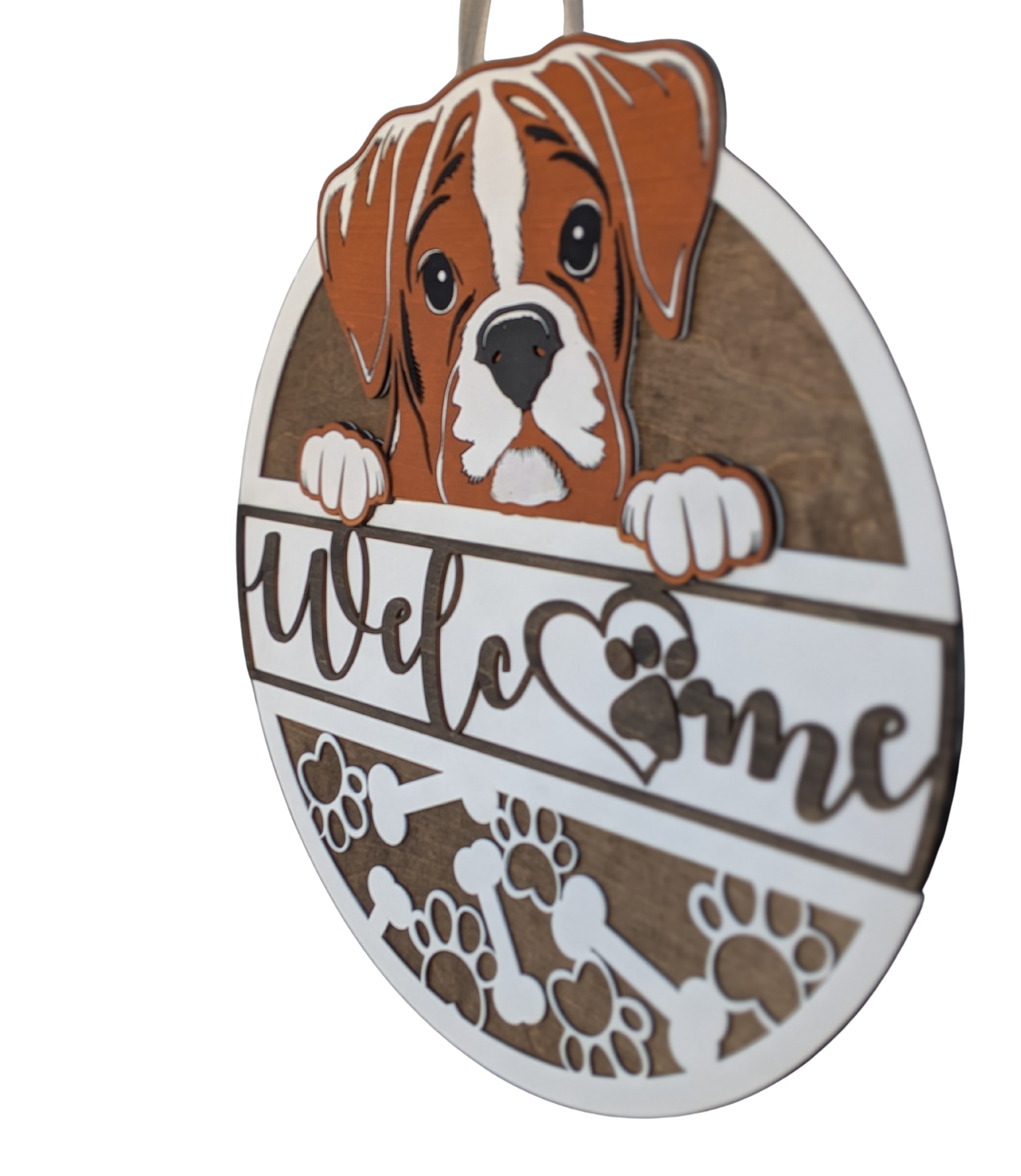 Boxer front door decor with paw print design

