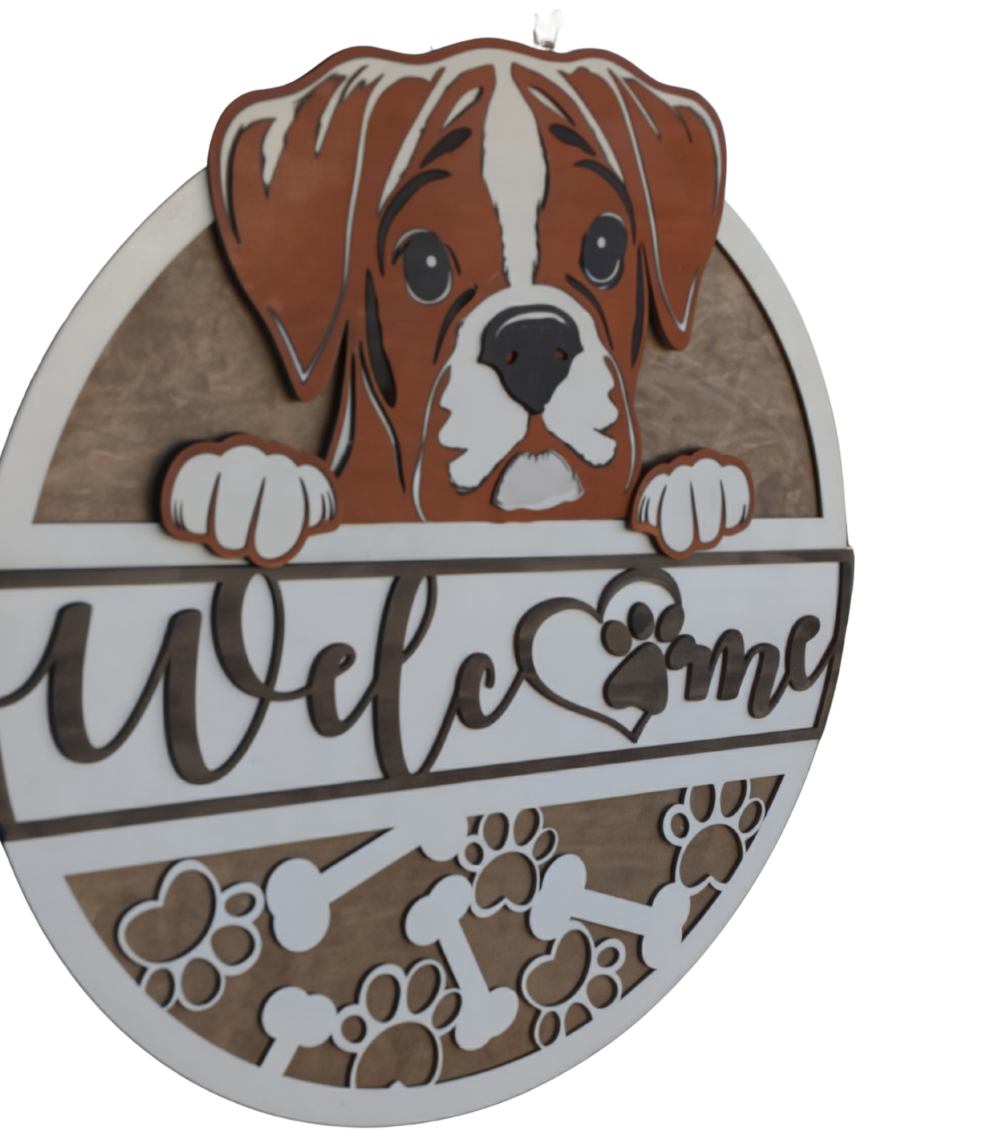 boxer welcome sign with layered wood detail