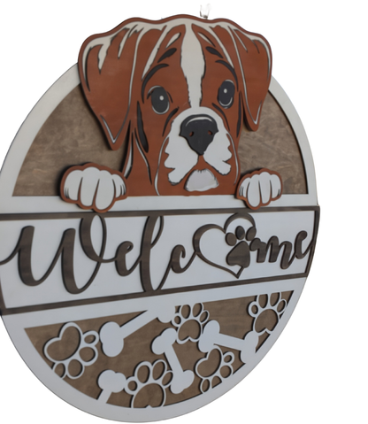 boxer welcome sign with layered wood detail