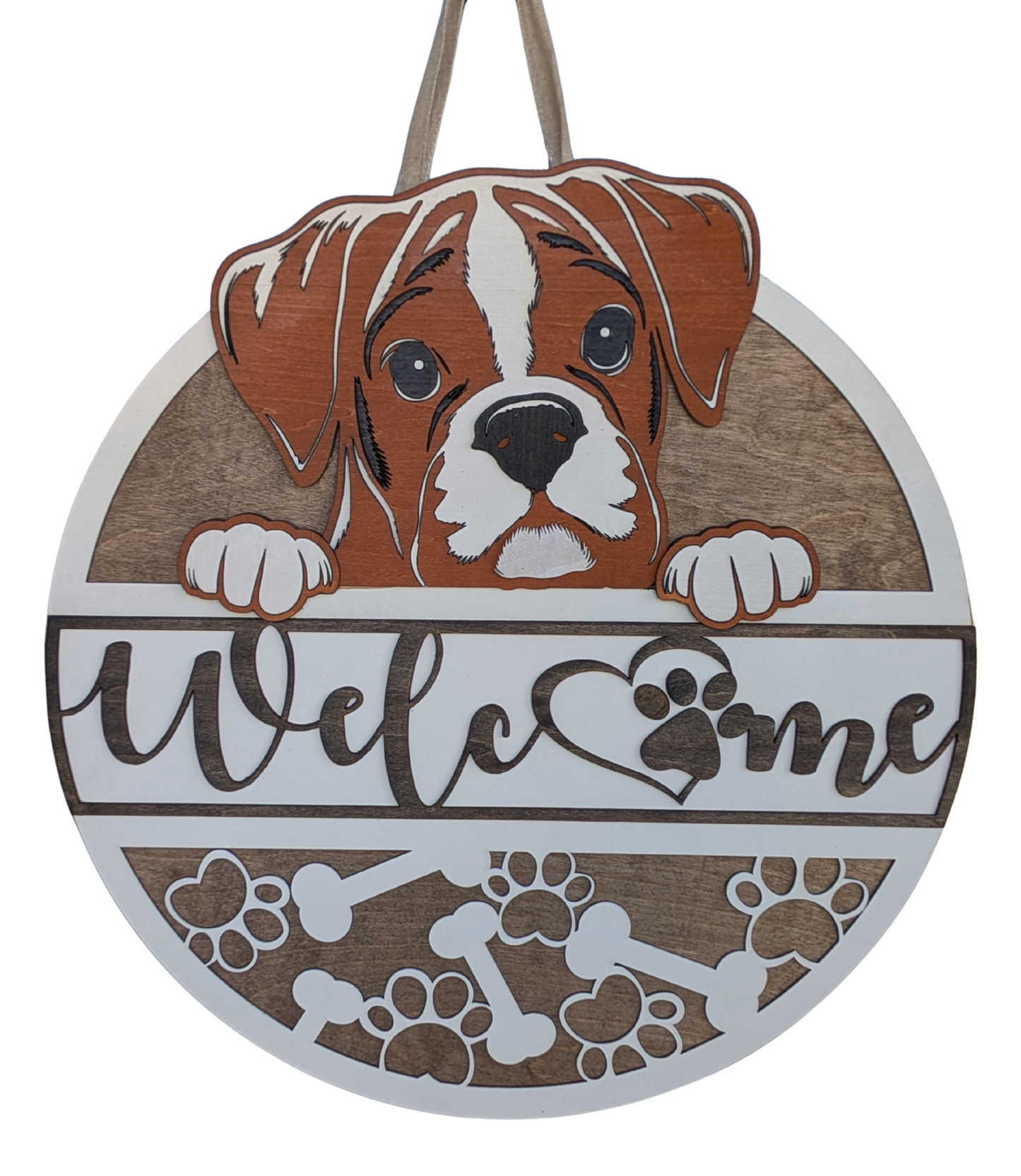 Boxer dog welcome door decor sign on wood background
