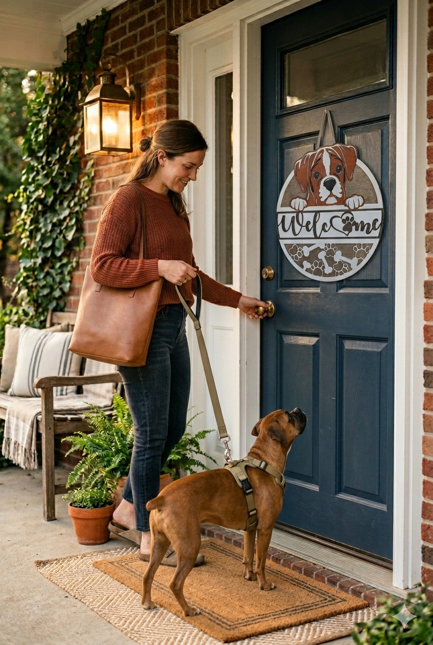 Woman at front door with boxer dog  with a wooden boxer door hanger welcome sign