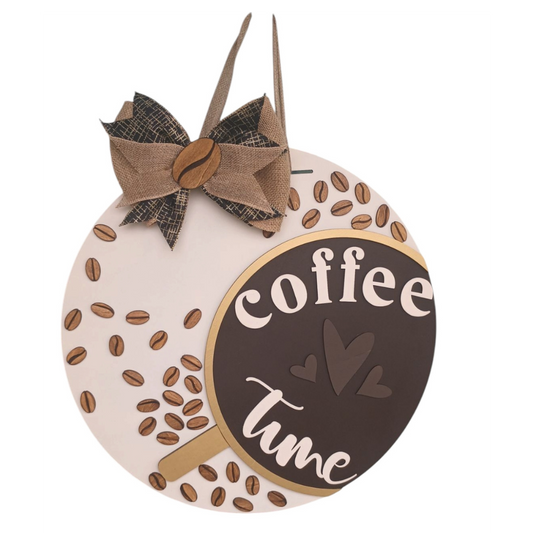 Coffee bar sign with scattered beans and “Coffee Time” lettering