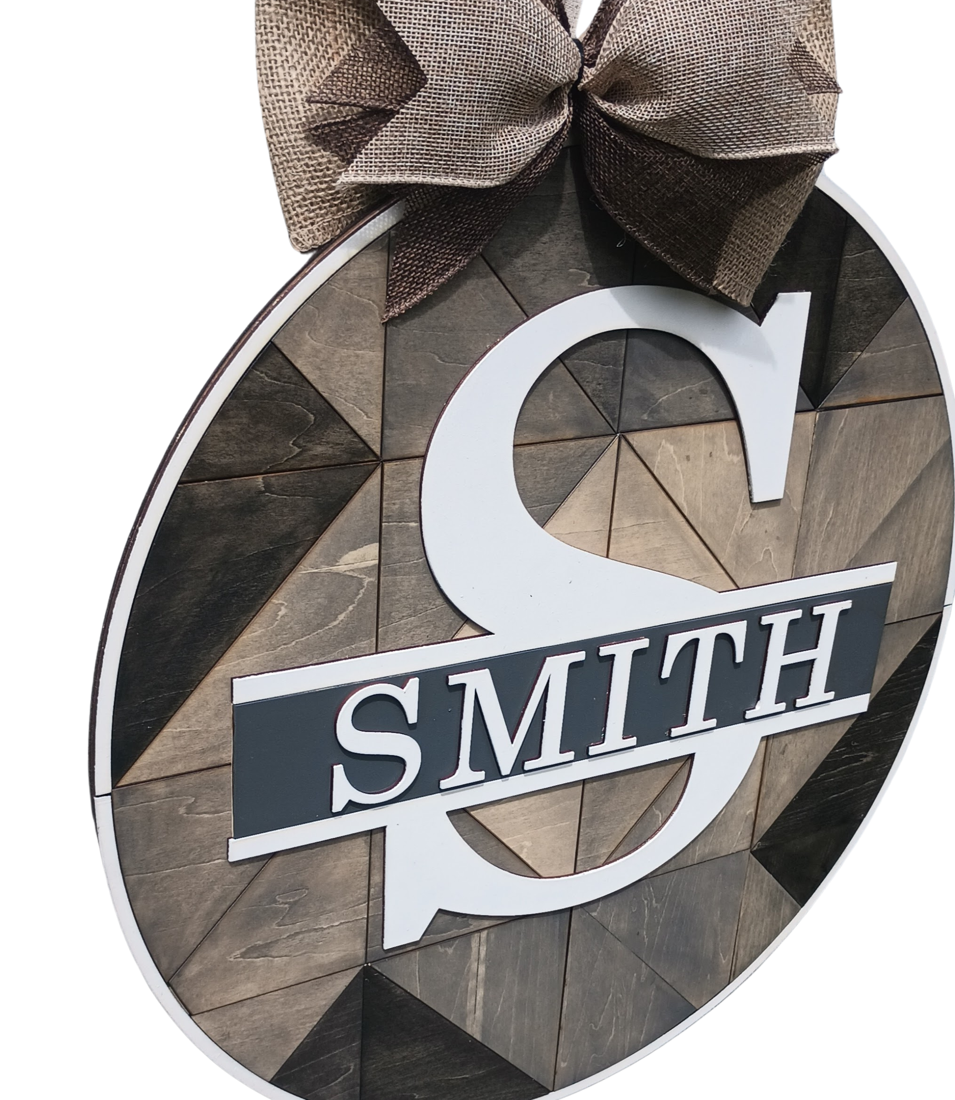 Custom family name front door decor sign with large initial and layered wood design

