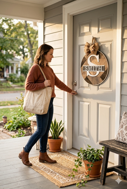 Woman opening a front door with a decorative last name sign, on a porch with plants and a bench.