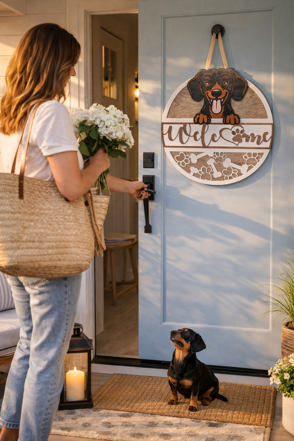 Woman with flowers opening a door with a dog-themed welcome sign, accompanied by a dachshund on a doormat.