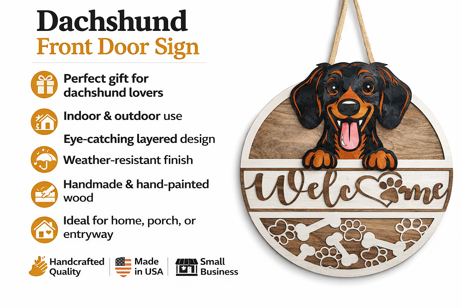 Dachshund-themed 'Welcome' sign with product details on a white background