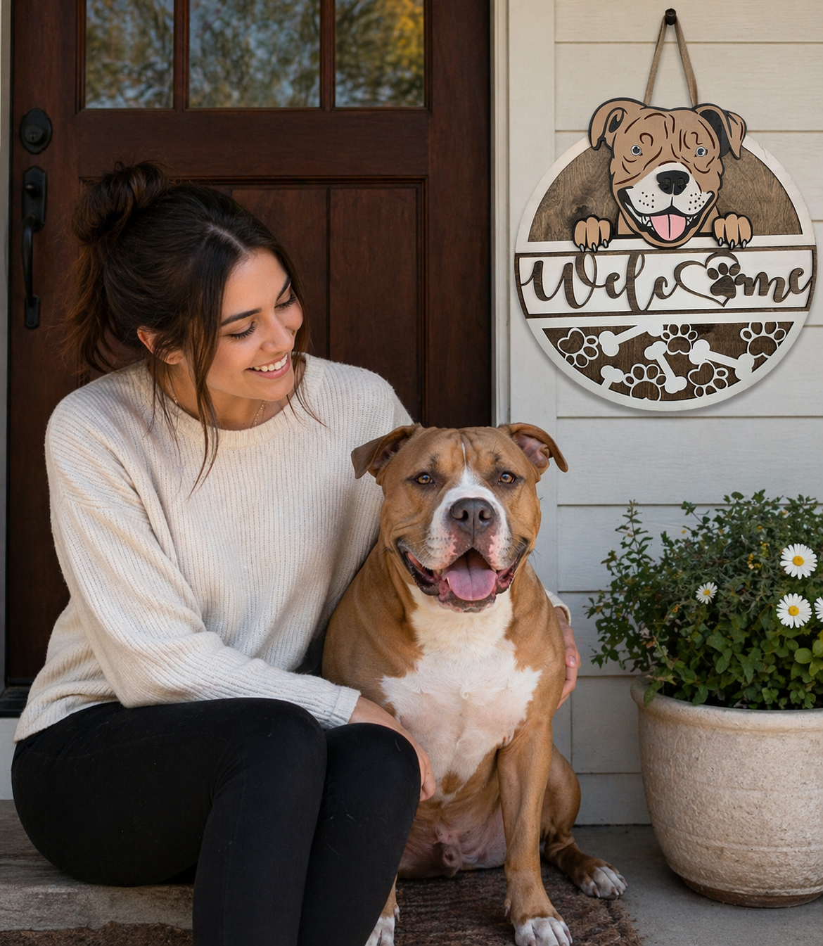 Woman sitting with a pit bull dog in front of a 'Welcome' sign with a dog design on a wooden door.