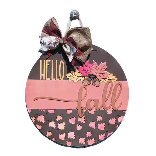 Fall hello door sign with leaves and acorn design, includes bow
