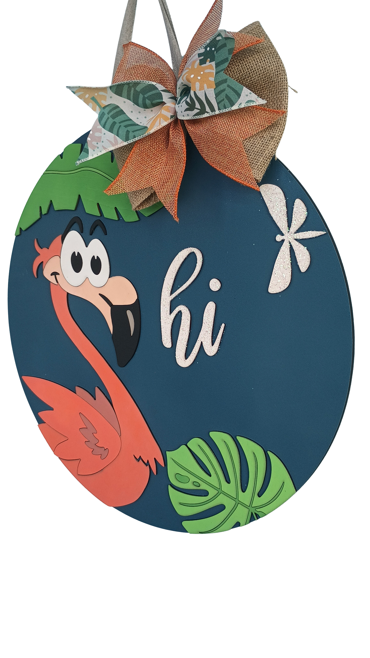 Decorative sign with a flamingo, leaves, and the word 'hi' on a blue background.