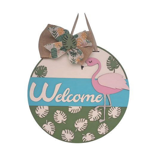 Flamingo theme welcome sign for front door with floral design