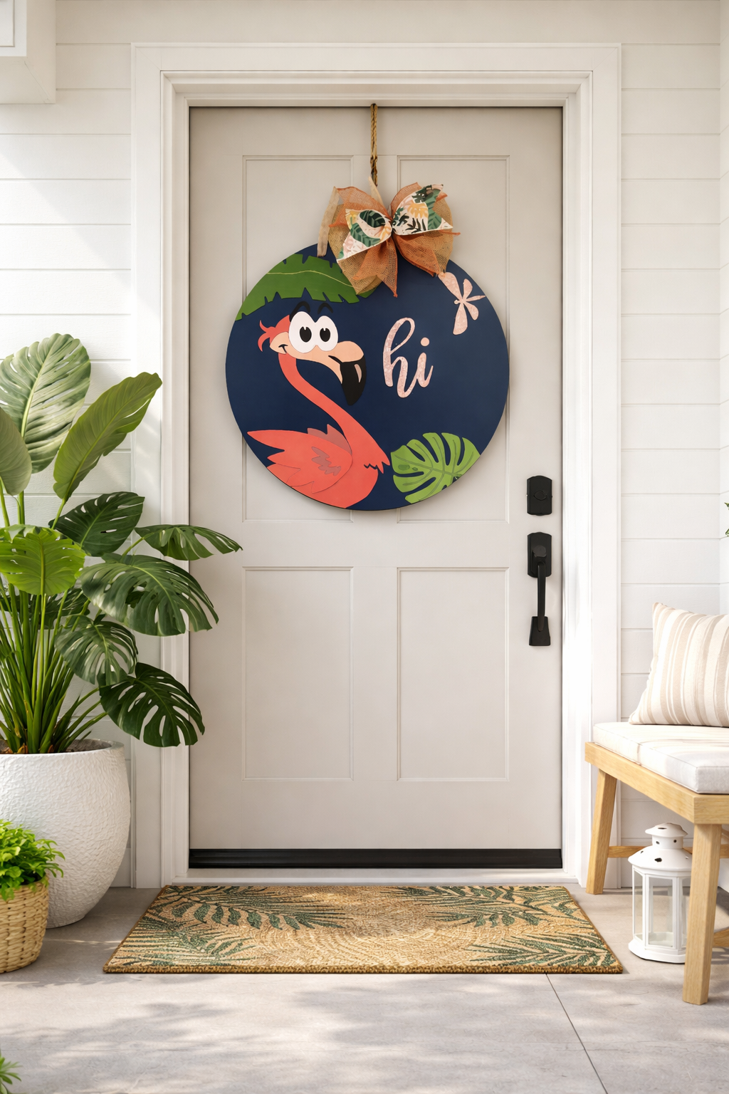 Decorative flamingo door hanger with 'hi' text on a white door, surrounded by plants and a doormat.