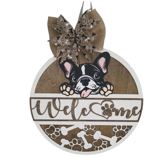 French Bulldog welcome sign with wooden round base and burlap bow
