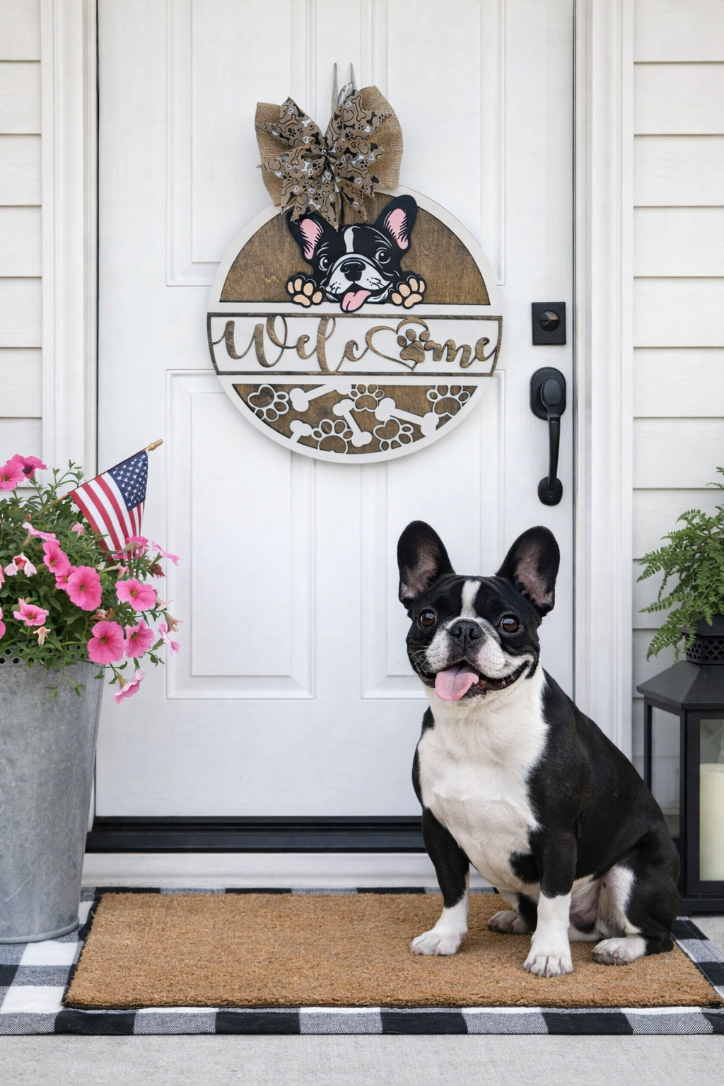 French bulldog standing on a doormat in front of a door with a decorative wooden front door sign featuring a french bulldog dog design.

