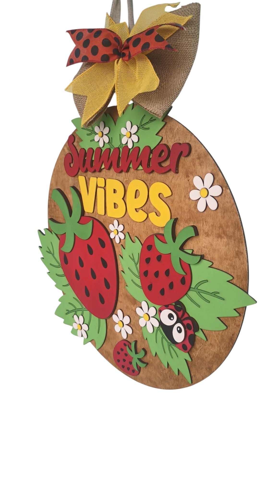 Front door decor with summer strawberries and garden vibe