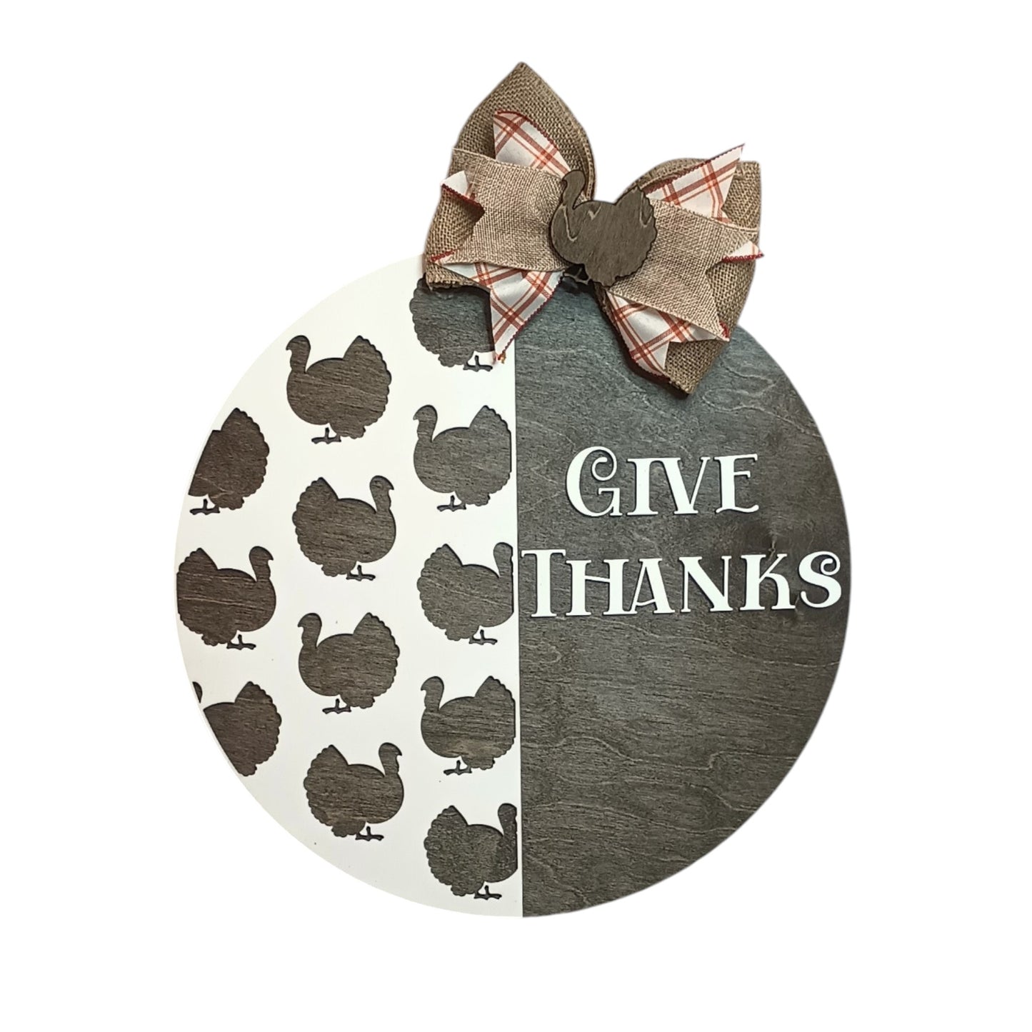 Give Thanks Thanksgiving Door Sign – 18" Round Wooden Turkey Wall Decor with Bow