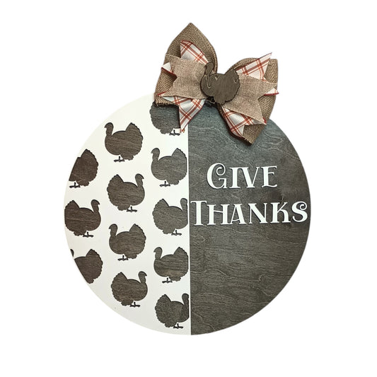 Give Thanks Thanksgiving Door Sign – 18" Round Wooden Turkey Wall Decor with Bow