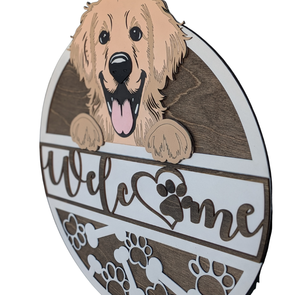 Wooden door sign with a golden retriever dog illustration and 'Welcome' text on a white background