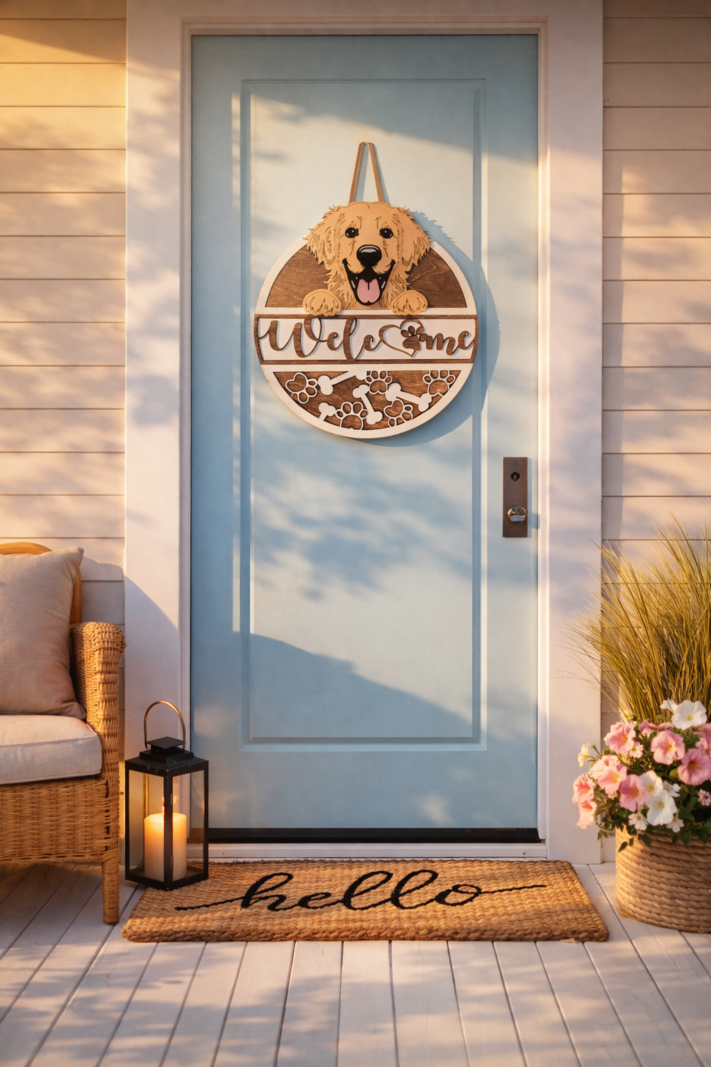 Front door with a welcome sign featuring a golden retriever face, a doormat with 'hello' text, and outdoor decor.