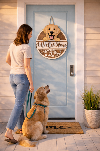 Woman with a golden retriever dog looking at a 'Welcome' sign on a door