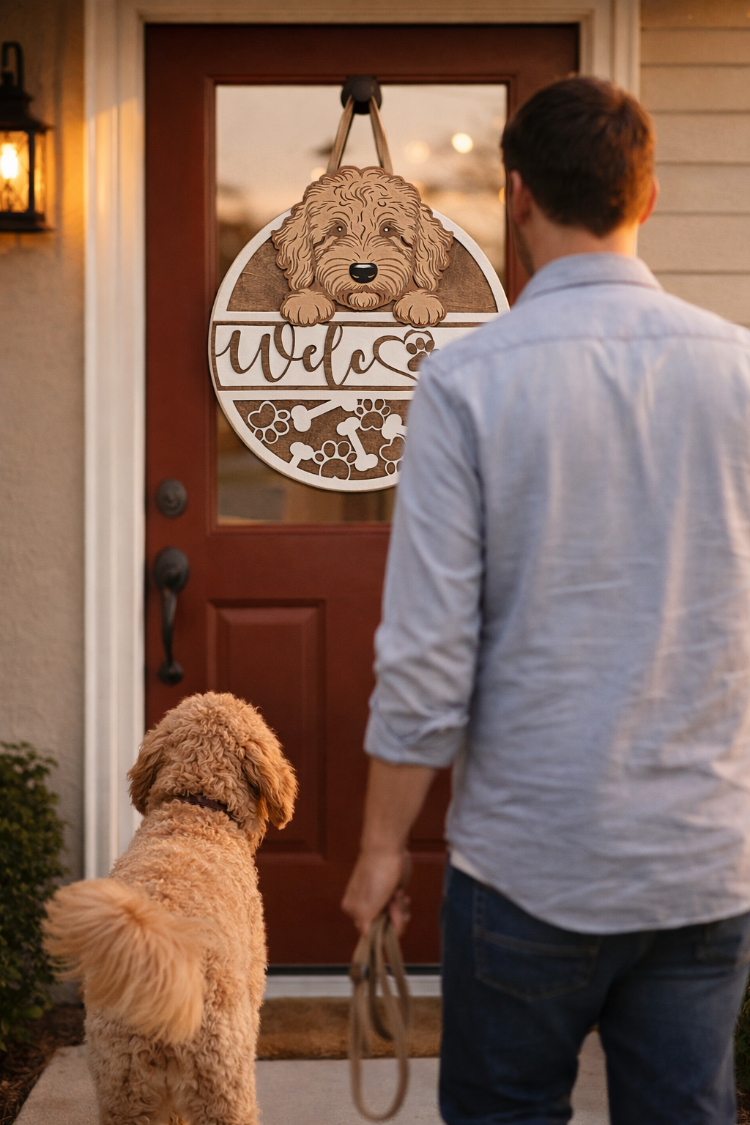 Goldendoodle front door sign displayed on modern entryway with dog owner
