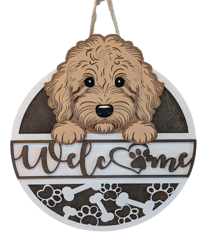 Decorative sign with a goldendoodle illustration and Welcome text on a white background