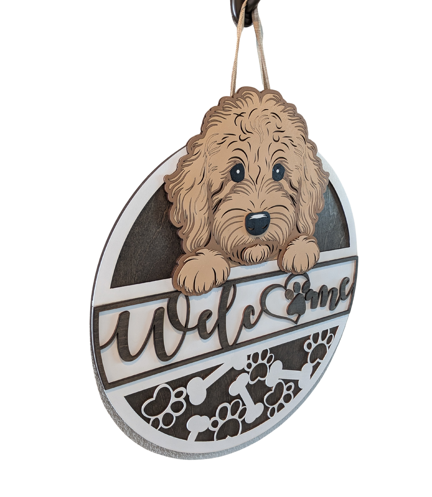 Goldendoodle front door decor sign with welcome lettering and paw print accents