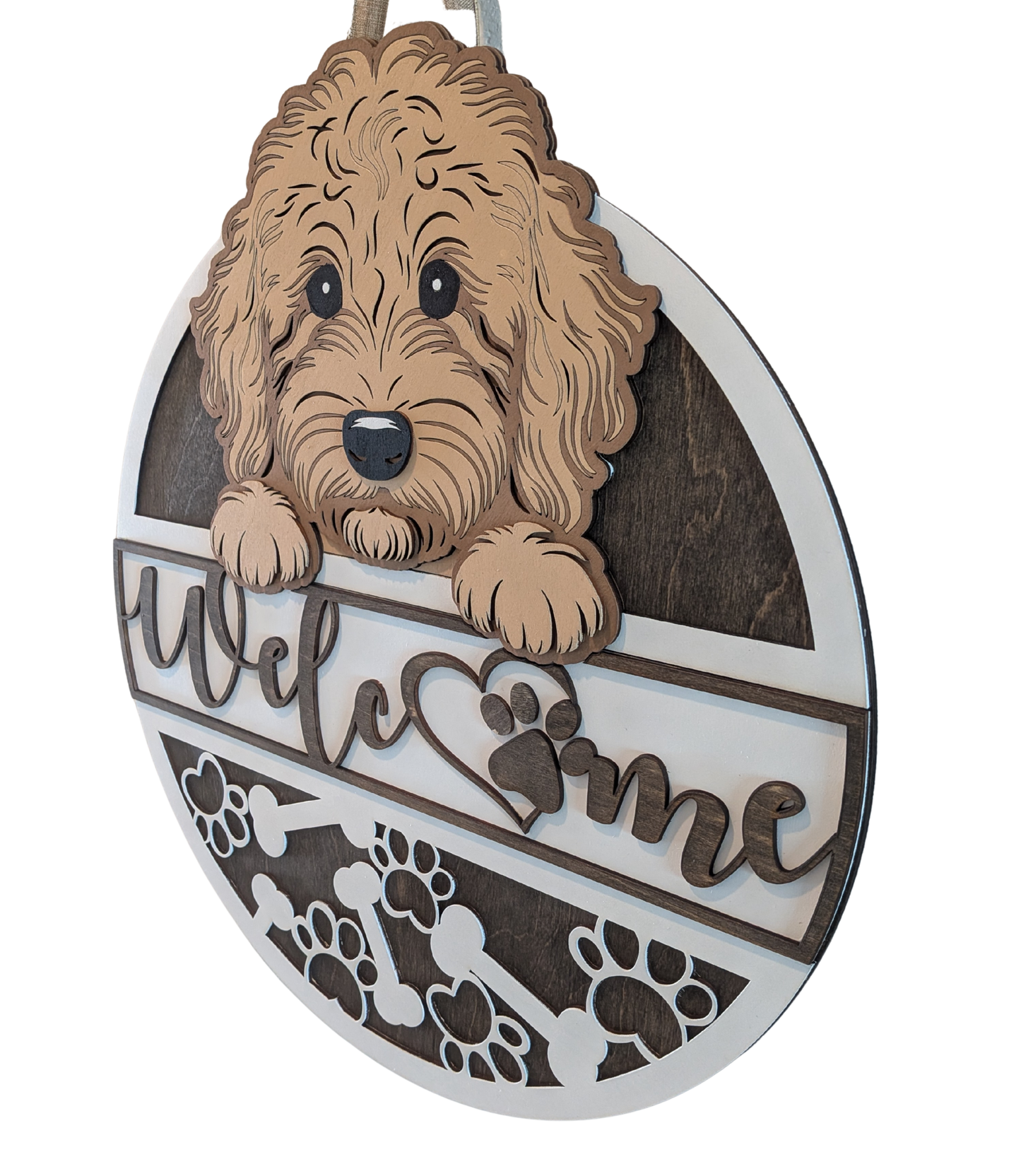 Goldendoodle welcome sign wooden front door decor with layered paw print design