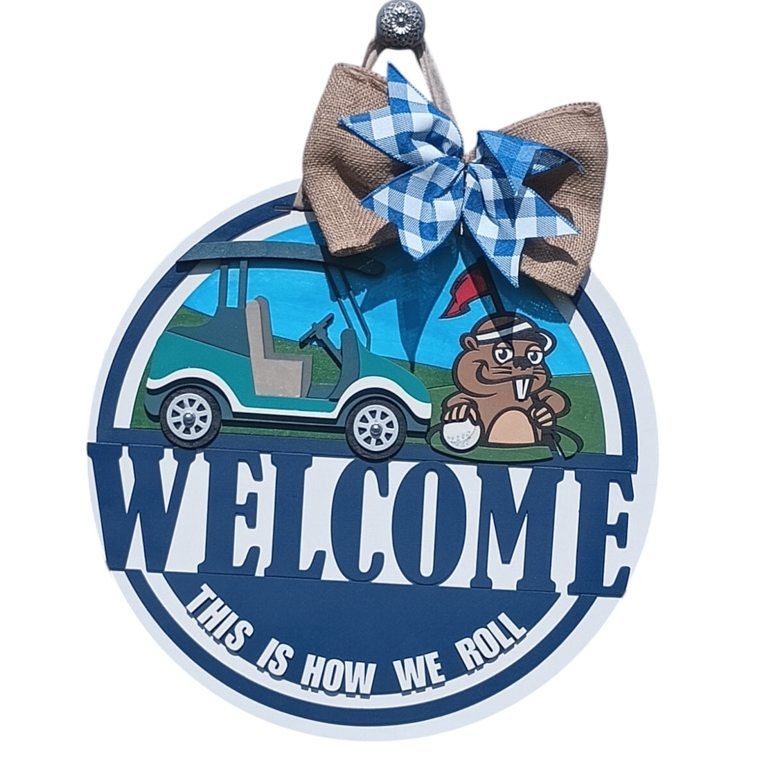 Golf welcome door hanger with 3D layered design, featuring a golf cart and gopher, perfect unique golf gift.
