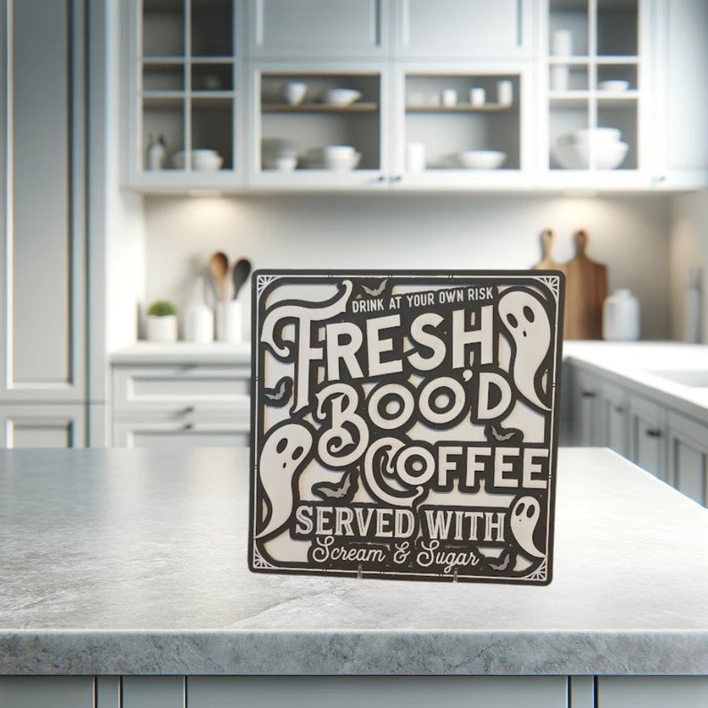 Halloween-themed coffee bar sign with "Fresh Boo'd Coffee" text for seasonal decor.