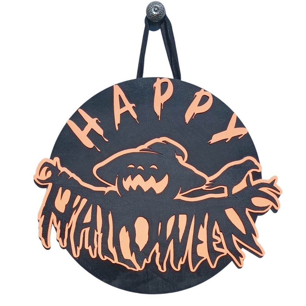 Celebrate Halloween with this ghost-themed wooden sign. 18" round door hanger in black and orange – perfect for spooky seasonal decor.

