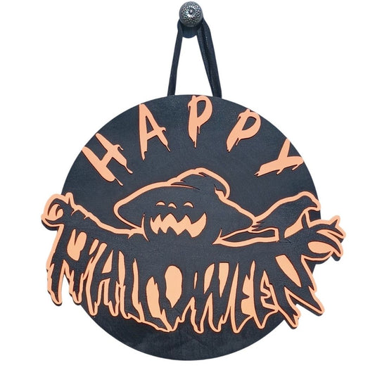Celebrate Halloween with this ghost-themed wooden sign. 18" round door hanger in black and orange – perfect for spooky seasonal decor.

