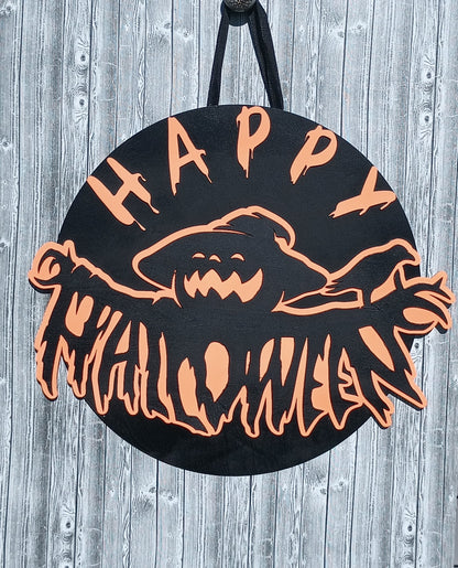 Spooky Halloween sign with ghost and “Happy Halloween” text