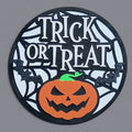 Handcrafted 3D Trick or Treat Halloween sign featuring a vibrant pumpkin, spider web accents, and glitter bat details.