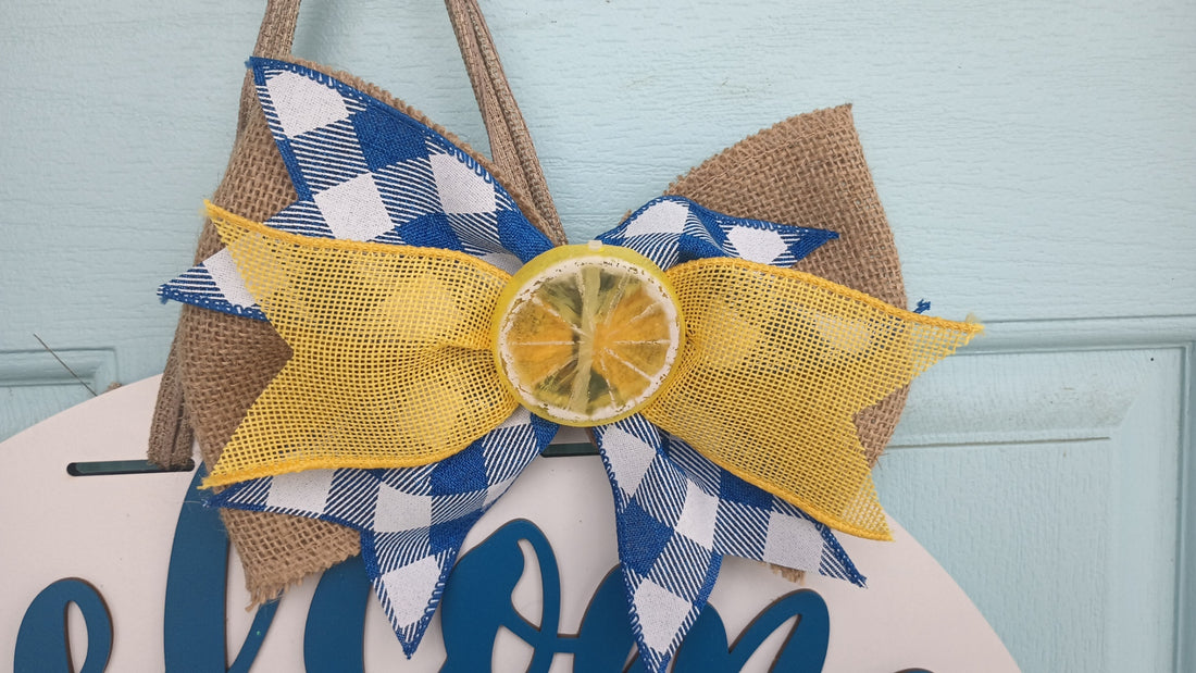 Handcrafted lemon welcome sign with 3D cutout design and vibrant colors, ideal for porch or kitchen walls.