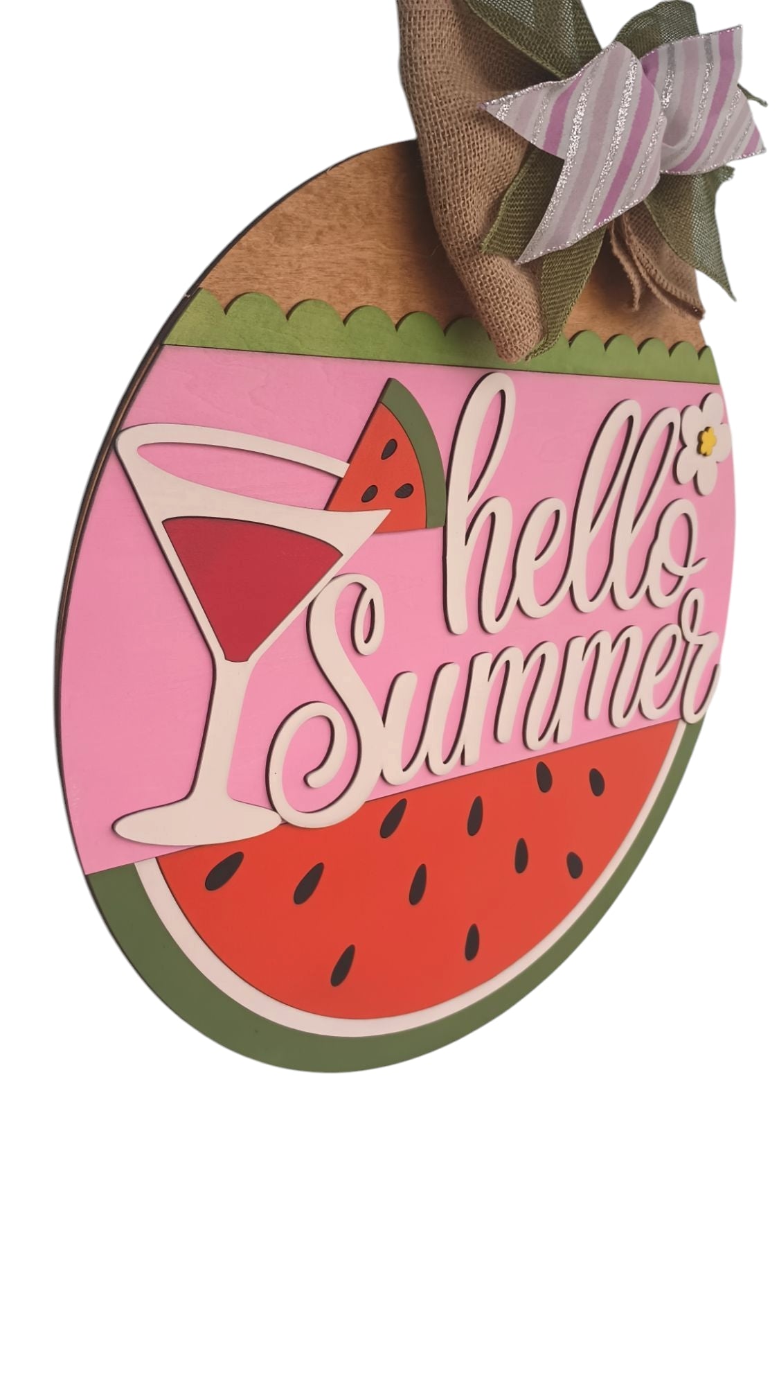 Handcrafted pink hello summer sign for porch display
