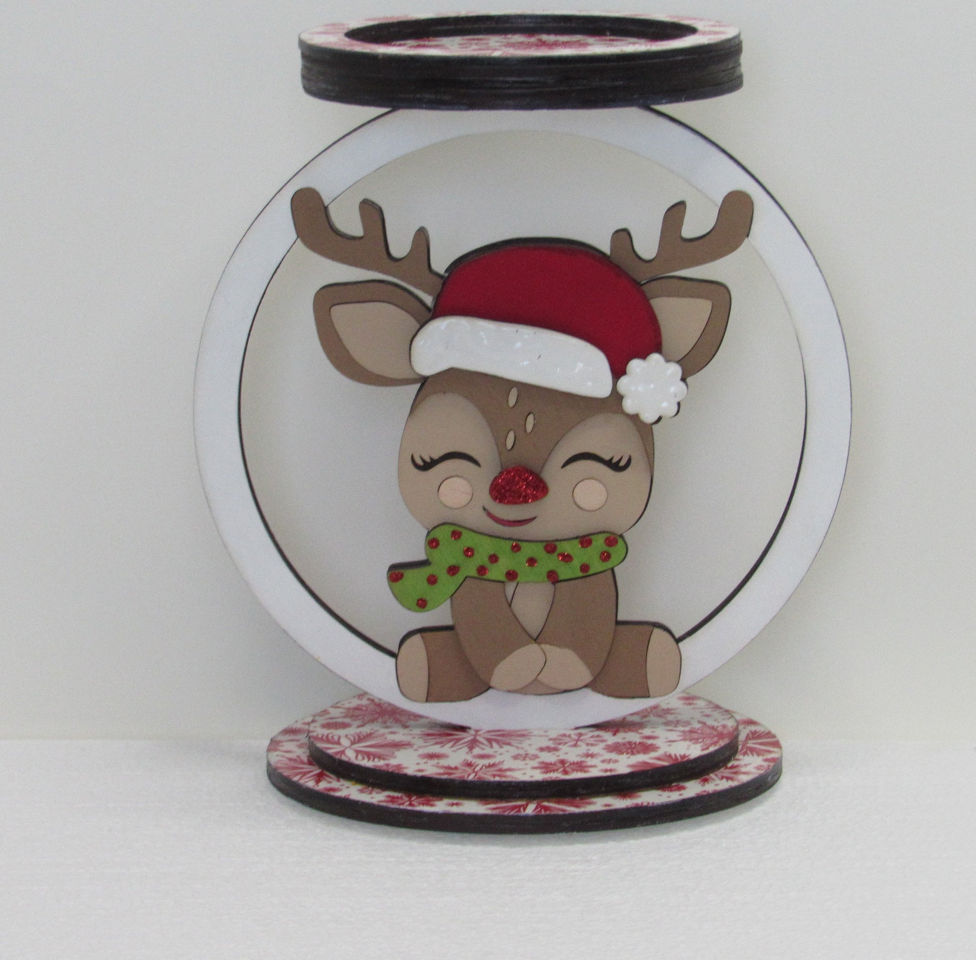 Christmas-themed unique candle stand for 3-wick jar candles featuring a handcrafted reindeer design