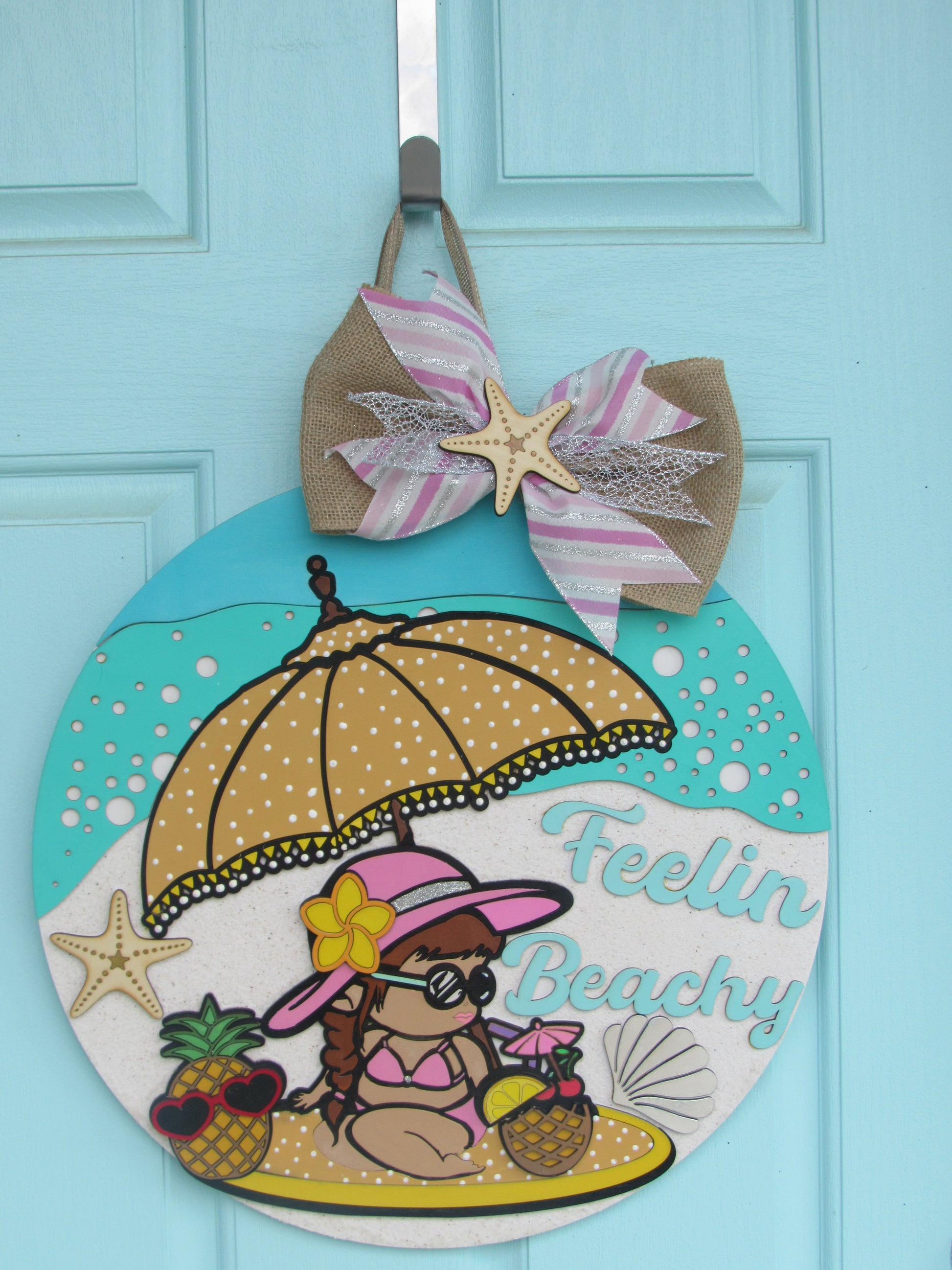  Handmade wooden beach sign with 3D girl in bikini and “Feelin Beachy” lettering