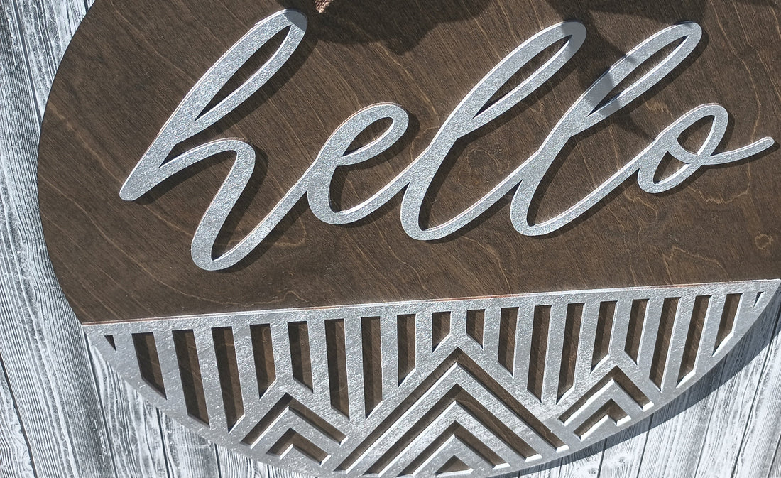 Handmade wood welcome sign with geometric design and burlap bow for front door or porch.