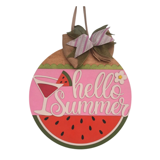 Hand-painted hello summer sign with watermelon and martini design
