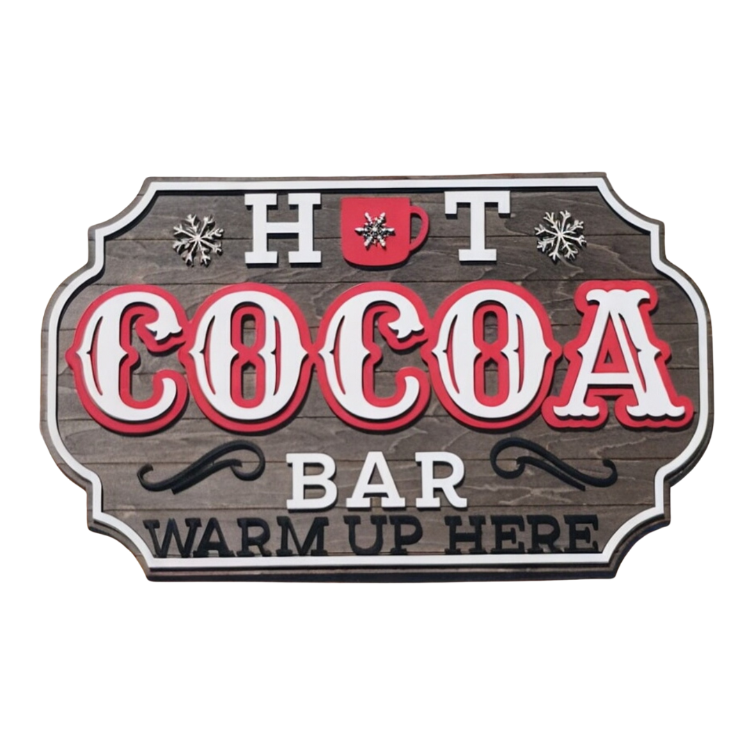 hot cocoa bar sign for chocolate station decor with snowflakes and 3d design