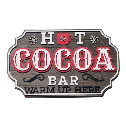hot cocoa bar sign for chocolate station decor with snowflakes and 3d design