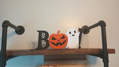 BOO Halloween Shelf Sitter Sign | Ghost & Pumpkin Centerpiece | Spooky Halloween Sign - Lasernique