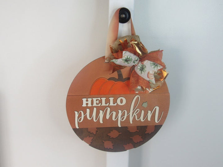 Hello Pumpkin Door Hanger - 18" Round Wooden Sign | Welcome Door Hanger - Lasernique