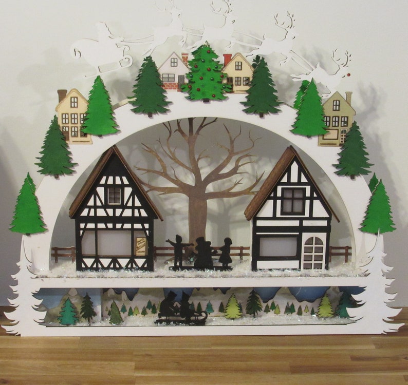 Christmas Village Shelf Sitter – Light-Up Wooden Holiday Town Scene | Schwibbogen-Inspired Decor | Unique Christmas Gift