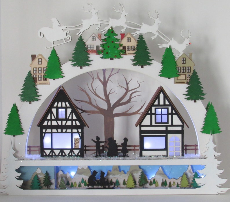 Christmas Village Shelf Sitter | Unique Christmas Gift | Light Up Arch Holiday Christmas Town Scene | Schwibbogen | Christmas Wooden Village